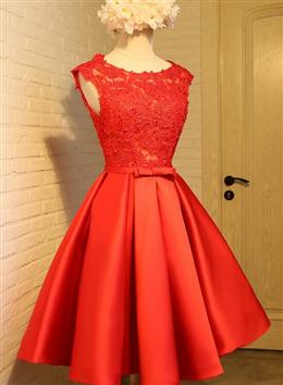 Picture of Cute Red Color Homecoming Dresses, Round Neckline Lace and Satin Party Dresses